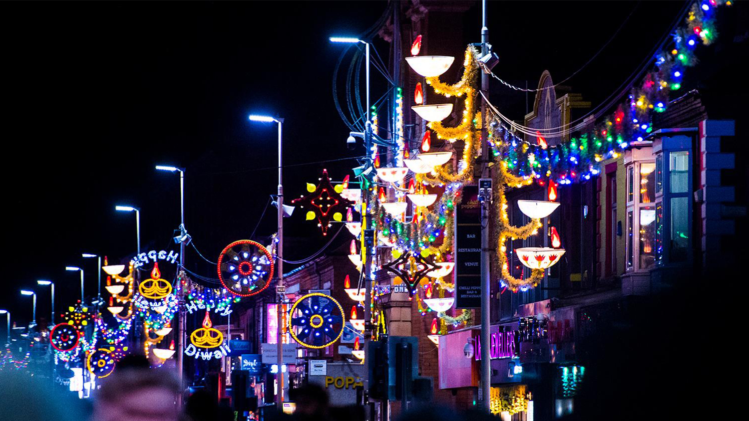 Twinkling Lights Adorn The Street in Leicester, England. 