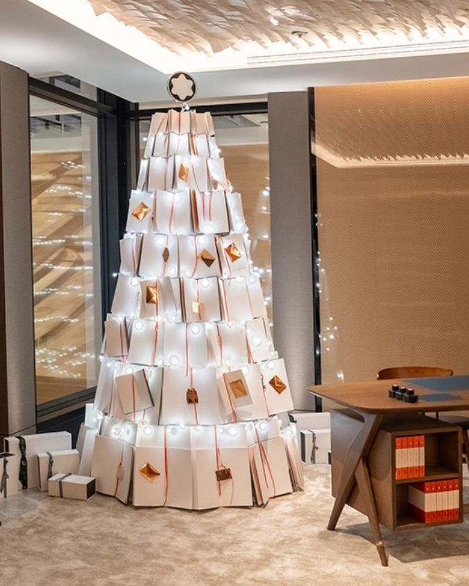 Mont Blanc paper book Christmas tree at the Mandarin Oriental Mayfair, London.