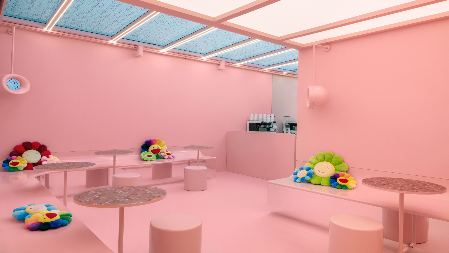 The pretty-in-pink café at the Louis Vuitton x Murakami pop-up in Singapore.