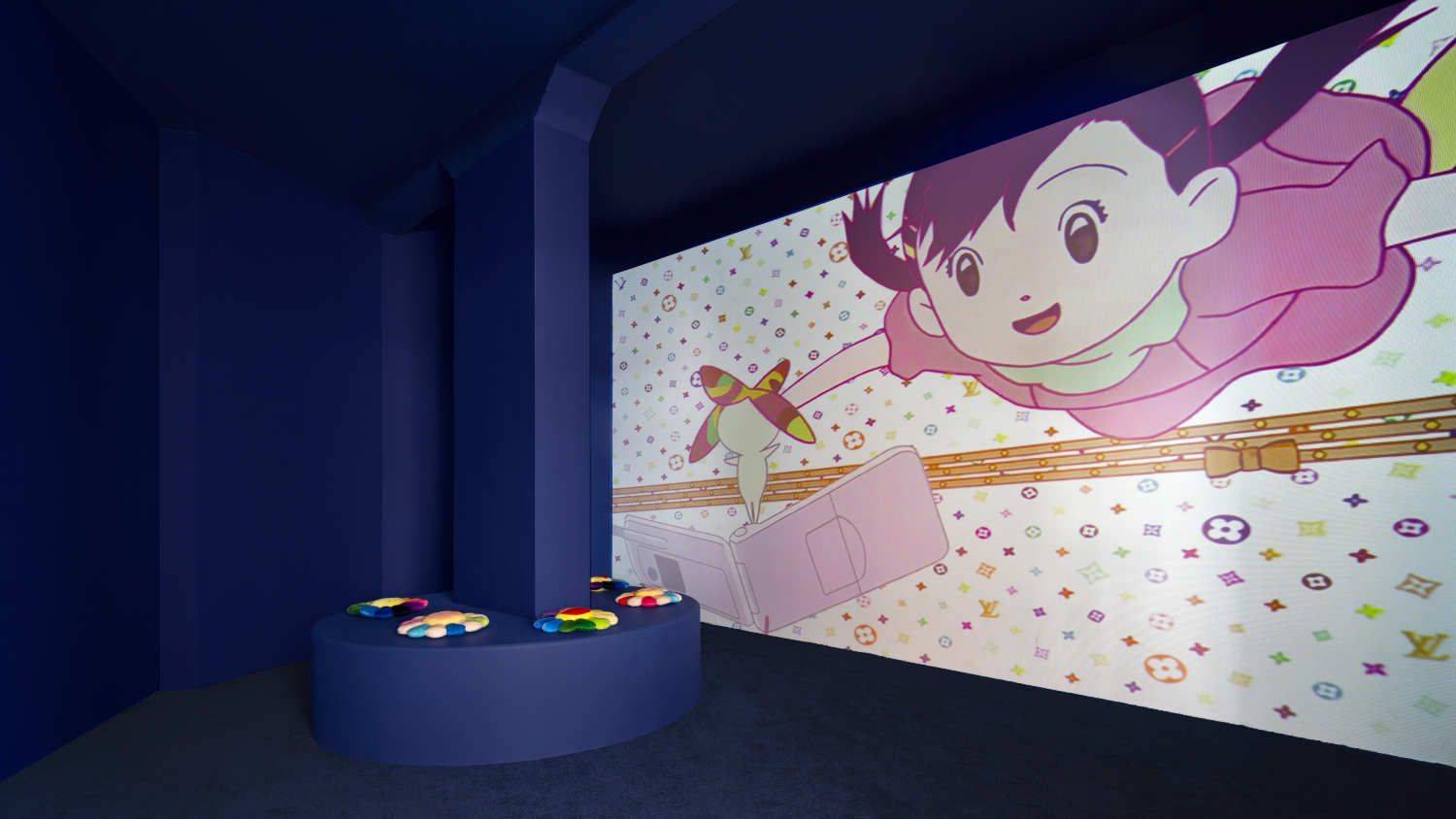 The cinema at the Louis Vuitton x Murakami pop-up, which will feature two original films by Murakami himself.