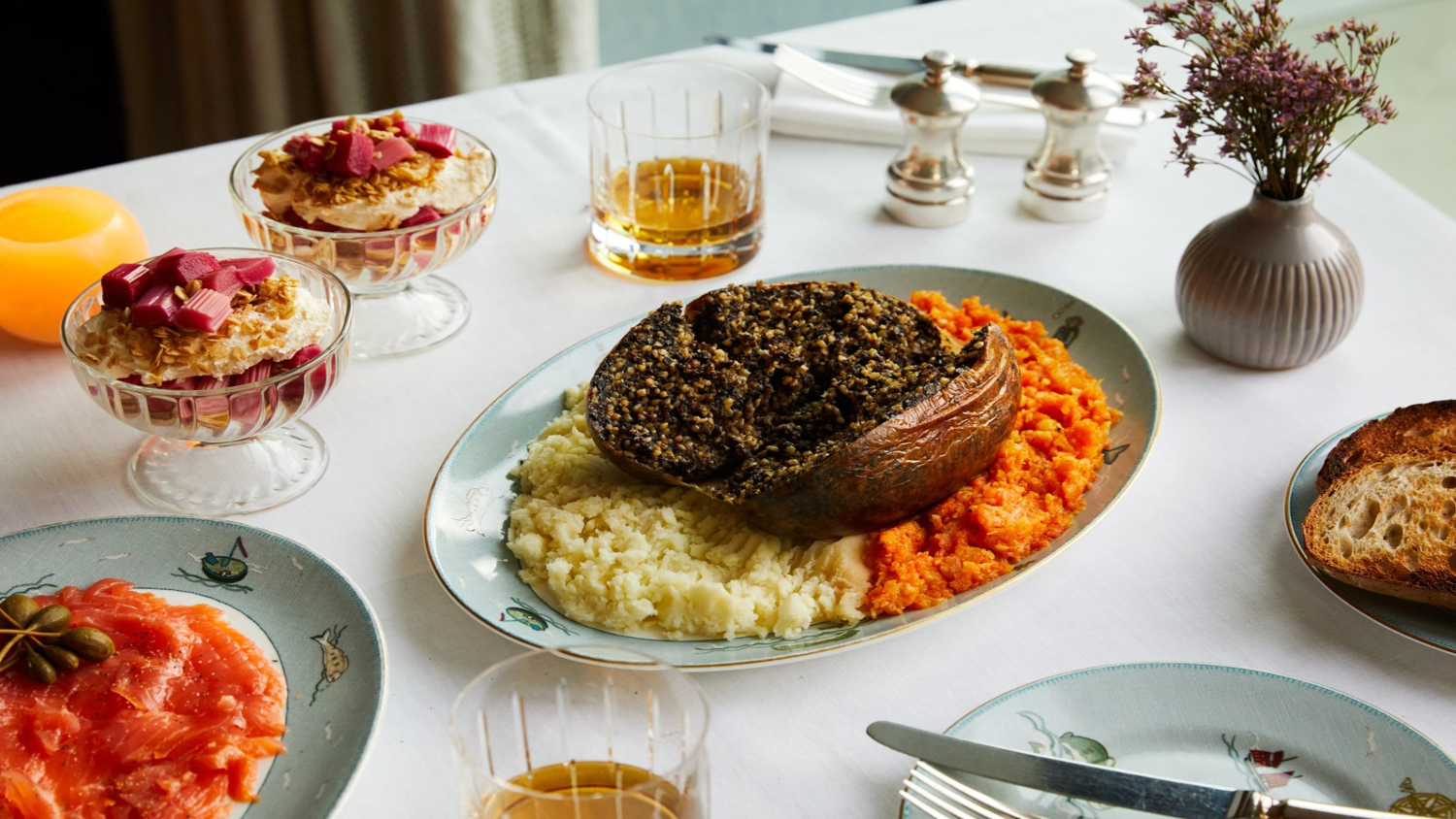 Haggis, neeps and tatties, cranachan, accompanied by Scottish whisky.