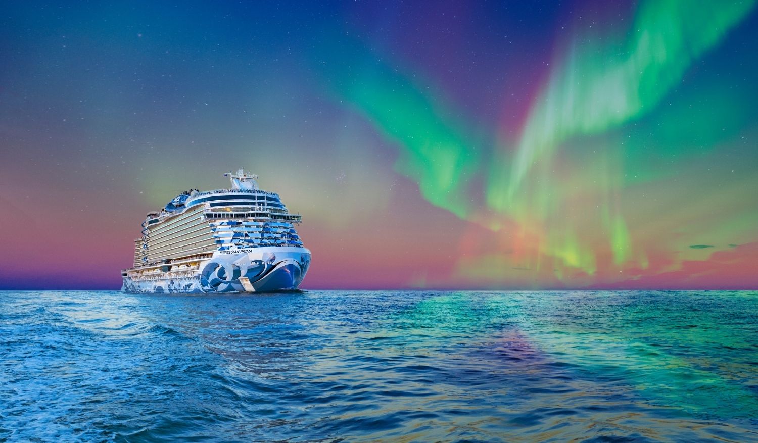 The Norwegian Cruise Line crosses the European waters amid the Northern Lights.